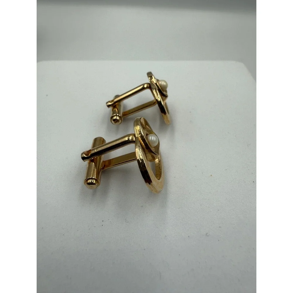 VTG Gold Tone Open Oval Swirl Faux Pearl Accent Cufflinks Formal Mens Accessory